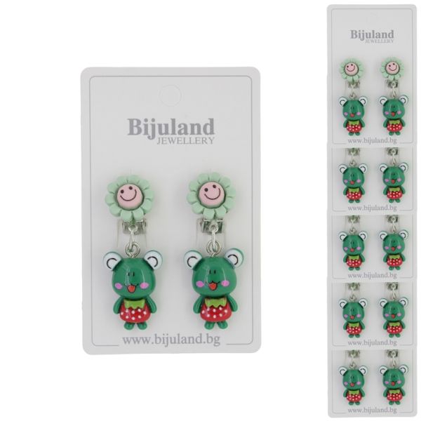 JEWELRY - EARRINGS - CLIP ON - CHILDREN'S - FLOWER WITH FROG Е413 - PINK (LIGHT)-GREEN (DARK) - PACKAGE 6 pairs