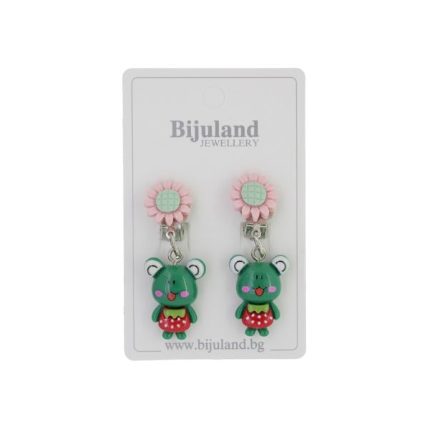 JEWELRY - EARRINGS - CLIP ON - CHILDREN'S - FLOWER WITH FROG Е414 - MINT-GREEN (DARK) - 1 pair