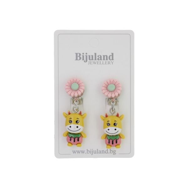 JEWELRY - EARRINGS - CLIP ON - CHILDREN'S - FLOWER WITH COW Е409 - PINK (LIGHT)-MUSTARD - 1 pair