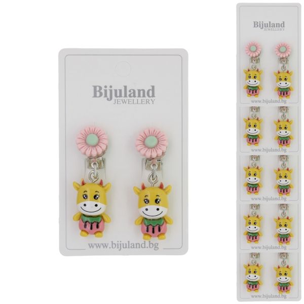 JEWELRY - EARRINGS - CLIP ON - CHILDREN'S - FLOWER WITH COW Е409 - PINK (LIGHT)-MUSTARD - PACKAGE 6 pairs