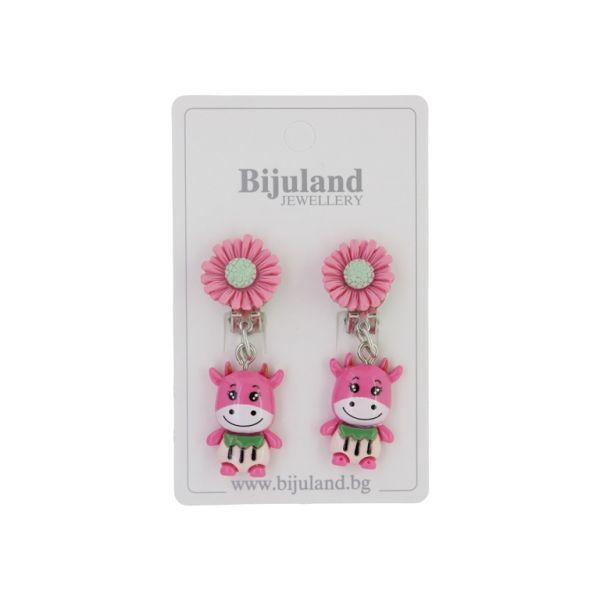 JEWELRY - EARRINGS - CLIP ON - CHILDREN'S - FLOWER WITH COW Е410 - PINK-PINK - 1 pair
