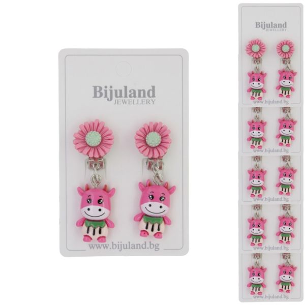 JEWELRY - EARRINGS - CLIP ON - CHILDREN'S - FLOWER WITH COW Е410 - PINK-PINK - PACKAGE 6 pairs