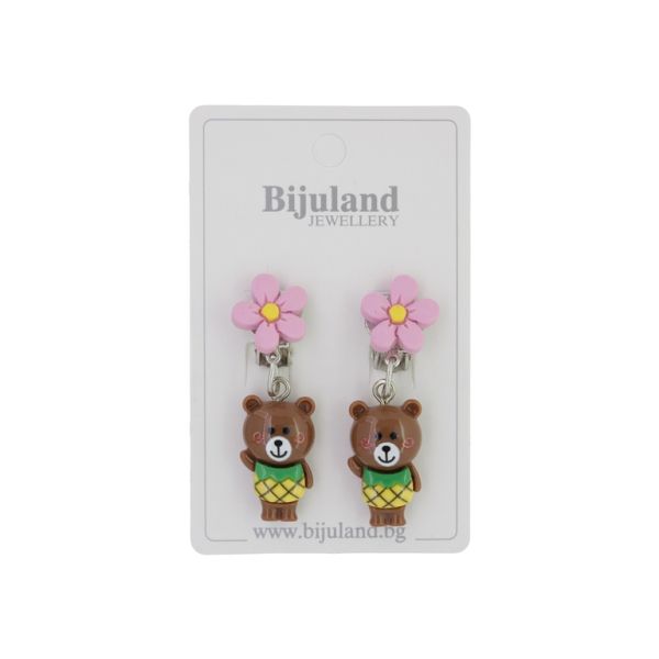 JEWELRY - EARRINGS - CLIP ON - CHILDREN'S - FLOWER WITH BEAR Е416 - PINK-BROWN (DARK) - 1 pair