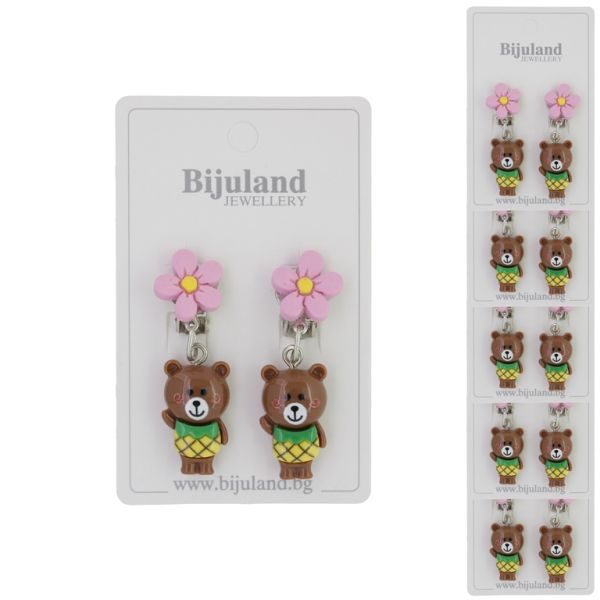 JEWELRY - EARRINGS - CLIP ON - CHILDREN'S - FLOWER WITH BEAR Е416 - PINK-BROWN (DARK) - PACKAGE 6 pairs