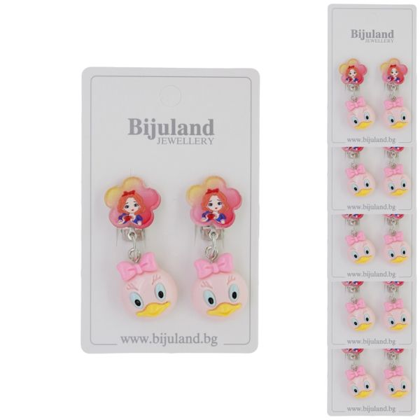 JEWELRY - EARRINGS - CLIP ON - CHILDREN'S - FLOWER WITH DUCK Е383 - CYCLAMEN-PINK (LIGHT) - PACKAGE 6 pairs