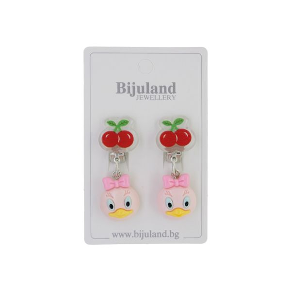 JEWELRY - EARRINGS - CLIP ON - CHILDREN'S - CHERRIES WITH DUCK Е381 - RED-PINK (LIGHT) - 1 pair