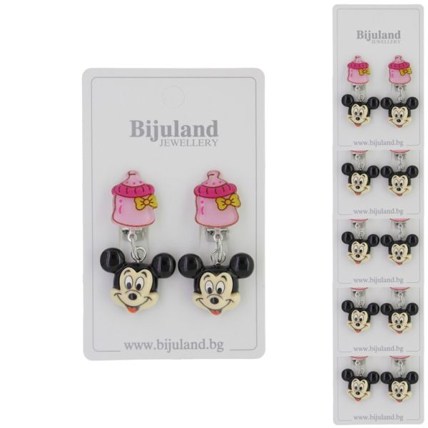 JEWELRY - EARRINGS - CLIP ON - CHILDREN'S - BOTTLE WITH MICKEY Е387 - PINK-BLACK - PACKAGE 6 pairs