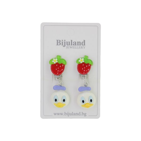 JEWELRY - EARRINGS - CLIP ON - CHILDREN'S - STRAWBERRY WITH DUCK Е384 - RED-WHITE - 1 pair