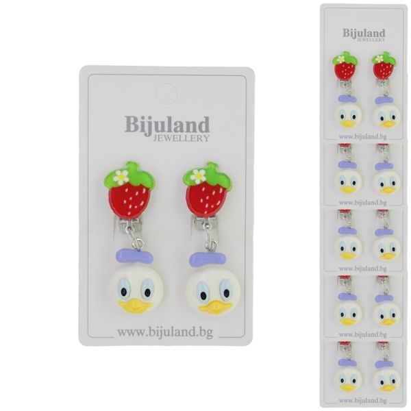 JEWELRY - EARRINGS - CLIP ON - CHILDREN'S - STRAWBERRY WITH DUCK Е384 - RED-WHITE - PACKAGE 6 pairs