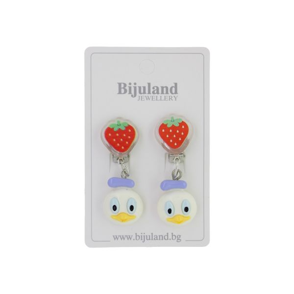 JEWELRY - EARRINGS - CLIP ON - CHILDREN'S - STRAWBERRY WITH DUCK Е386 - RED-WHITE - 1 pair