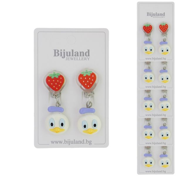 JEWELRY - EARRINGS - CLIP ON - CHILDREN'S - STRAWBERRY WITH DUCK Е386 - RED-WHITE - PACKAGE 6 pairs
