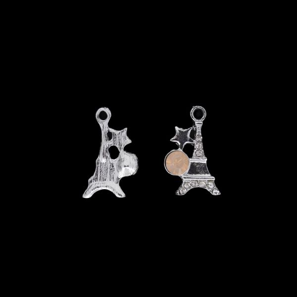 METAL - CHARMS PENDANT 1 HOLE UV COATING WITH CRYSTALS - EIFFEL TOWER 02 - 15x23x5mm SILVER AND PEACH - PACKAGE 30pcs. Hole-2.3mm
