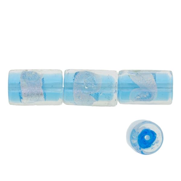 GLASS BEADS - MURANO STYLE - CYLINDER WITH SILVER FILLING - SPIRAL - 18х12mm WHITE AND BLUE SKY - 15pcs. Hole:1.5mm