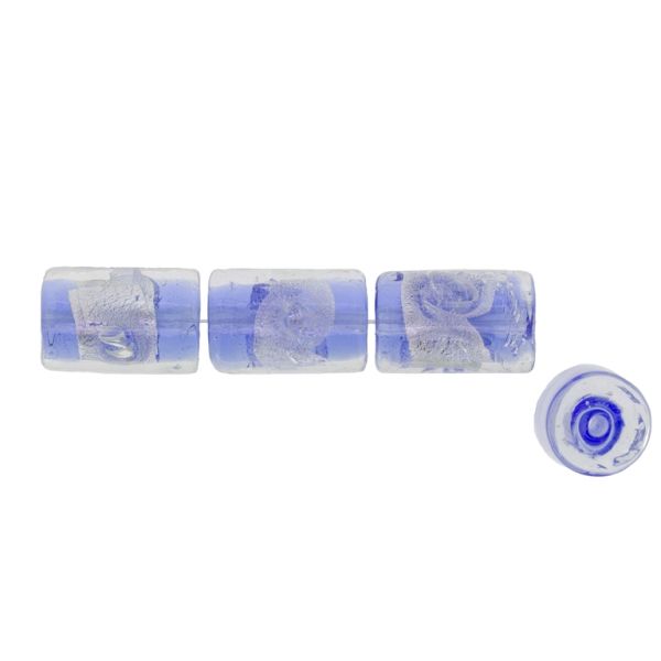 GLASS BEADS - MURANO STYLE - CYLINDER WITH SILVER FILLING - SPIRAL - 18х12mm WHITE AND BLUE (DARK) - 15pcs. Hole:1.5mm