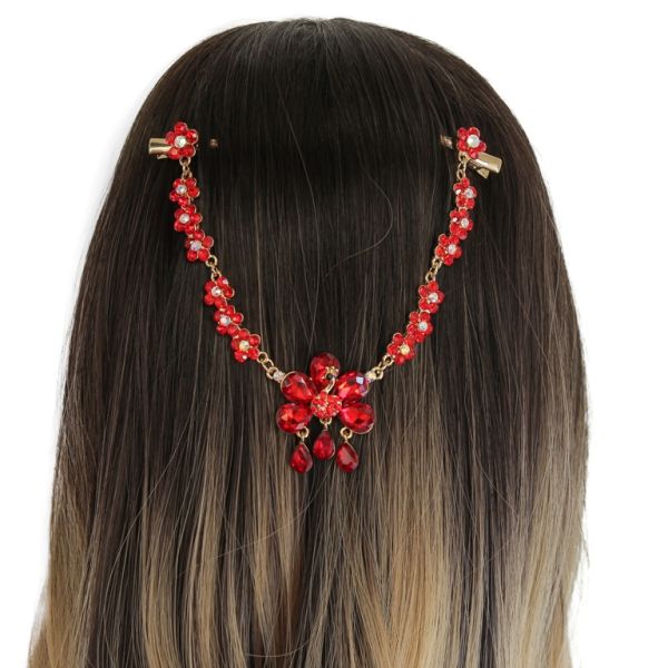 JEWELRY - HEADPIECE WITH CROCODILE DUCKBILL HAIR CLIP UK015 - GOLD WITH RED - PACKAGE 3pcs.