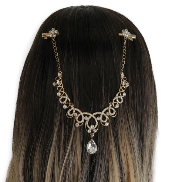 JEWELRY - HEADPIECE WITH CROCODILE DUCKBILL HAIR CLIP UK016 - GOLD WITH WHITE - PACKAGE 3pcs.