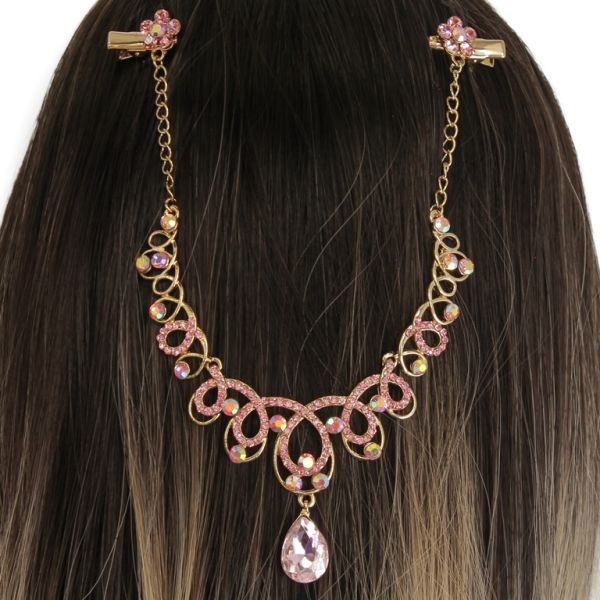 JEWELRY - HEADPIECE WITH CROCODILE DUCKBILL HAIR CLIP UK016 - GOLD WITH PINK (LIGHT) - 1pc.