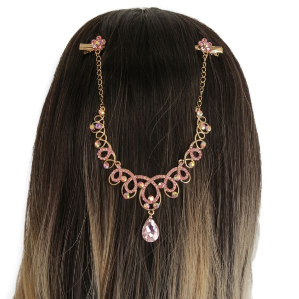 JEWELRY - HEADPIECE WITH CROCODILE DUCKBILL HAIR CLIP UK016 - GOLD WITH PINK (LIGHT) - PACKAGE 3pcs.