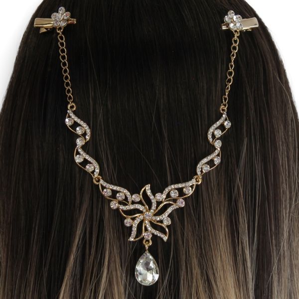 JEWELRY - HEADPIECE WITH CROCODILE DUCKBILL HAIR CLIP UK017 - GOLD WITH WHITE - 1pc.