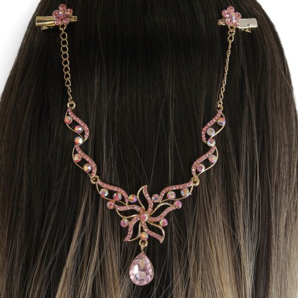 JEWELRY - HEADPIECE WITH CROCODILE DUCKBILL HAIR CLIP UK017 - GOLD WITH PINK (LIGHT) - 1pc.