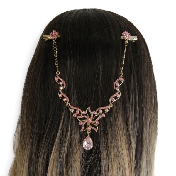 JEWELRY - HEADPIECE WITH CROCODILE DUCKBILL HAIR CLIP UK017 - GOLD WITH PINK (LIGHT) - PACKAGE 3pcs.