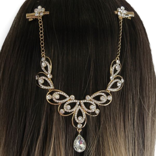 JEWELRY - HEADPIECE WITH CROCODILE DUCKBILL HAIR CLIP UK018 - GOLD WITH WHITE - 1pc.