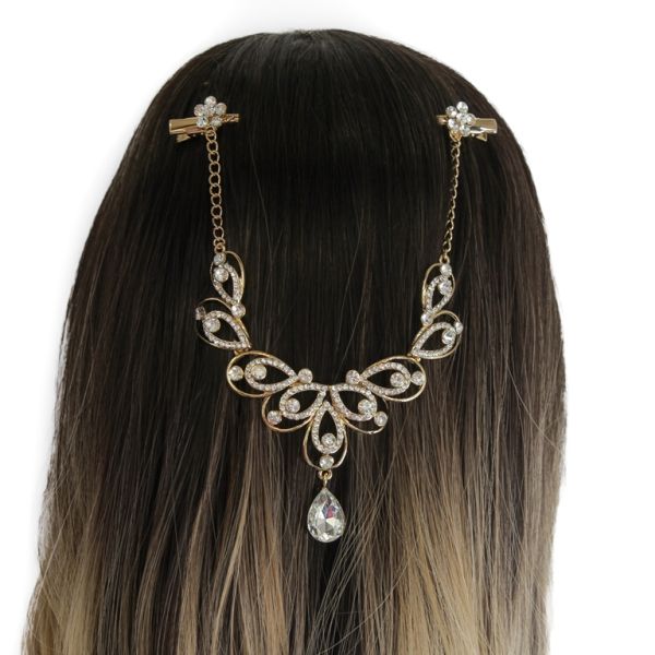 JEWELRY - HEADPIECE WITH CROCODILE DUCKBILL HAIR CLIP UK018 - GOLD WITH WHITE - PACKAGE 3pcs.