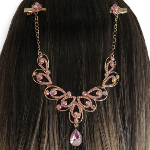 JEWELRY - HEADPIECE WITH CROCODILE DUCKBILL HAIR CLIP UK018 - GOLD WITH PINK (LIGHT) - 1pc.