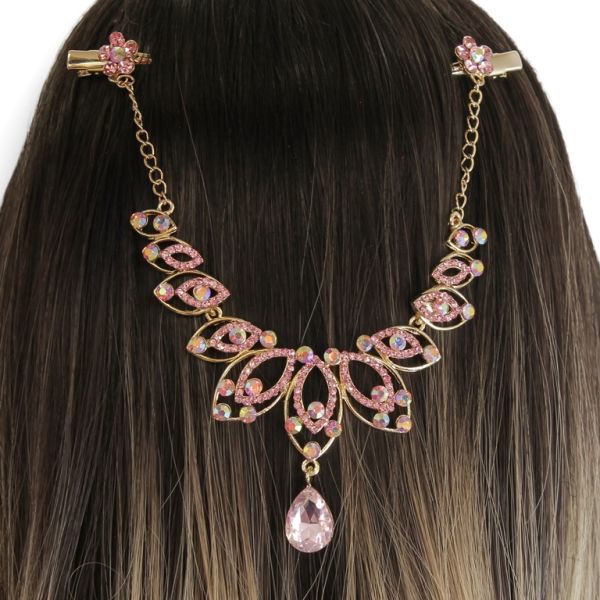 JEWELRY - HEADPIECE WITH CROCODILE DUCKBILL HAIR CLIP UK019 - GOLD WITH PINK (LIGHT) - 1pc.