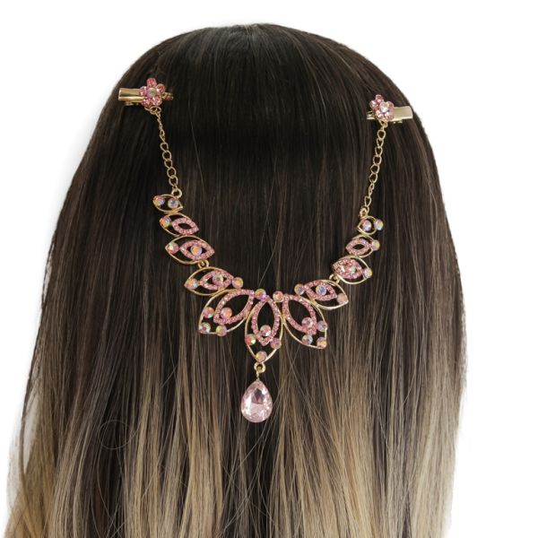 JEWELRY - HEADPIECE WITH CROCODILE DUCKBILL HAIR CLIP UK019 - GOLD WITH PINK (LIGHT) - PACKAGE 3pcs.