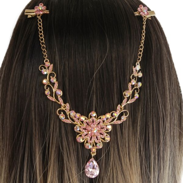 JEWELRY - HEADPIECE WITH CROCODILE DUCKBILL HAIR CLIP UK020 - GOLD WITH PINK (LIGHT) - 1pc.