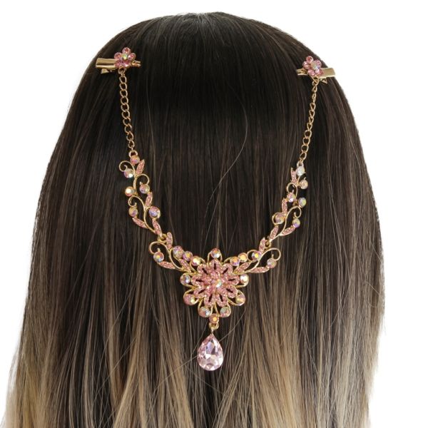 JEWELRY - HEADPIECE WITH CROCODILE DUCKBILL HAIR CLIP UK020 - GOLD WITH PINK (LIGHT) - PACKAGE 3pcs.