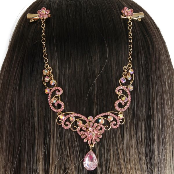 JEWELRY - HEADPIECE WITH CROCODILE DUCKBILL HAIR CLIP UK021 - GOLD WITH PINK (LIGHT) - 1pc.
