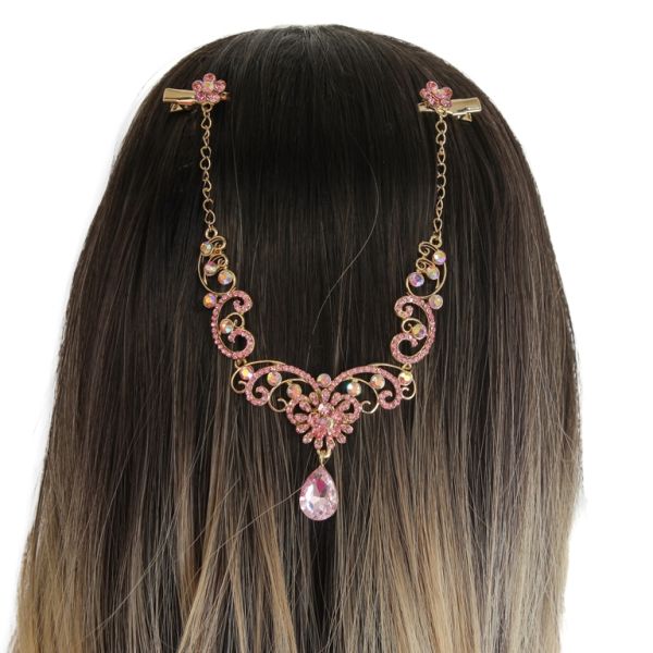 JEWELRY - HEADPIECE WITH CROCODILE DUCKBILL HAIR CLIP UK021 - GOLD WITH PINK (LIGHT) - PACKAGE 3pcs.