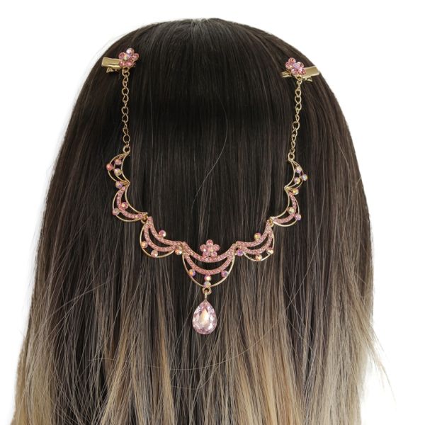 JEWELRY - HEADPIECE WITH CROCODILE DUCKBILL HAIR CLIP UK022 - GOLD WITH PINK (LIGHT) - PACKAGE 3pcs.