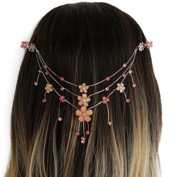 JEWELRY - HEADPIECE WITH CLAW HAIR CLIP UK003 - SILVER WITH PINK (DARK)-PEACH - PACKAGE 3pcs.