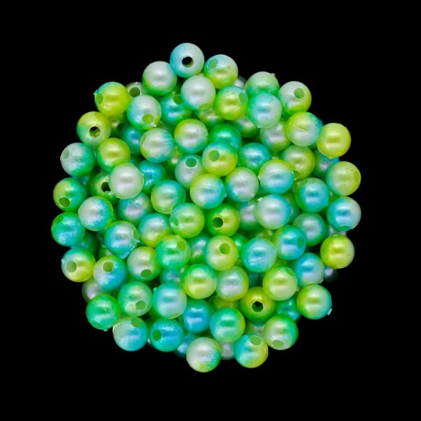 ПЛАСТМАСОВИ ПЕРЛИ - ТОПЧЕ - 6мм МНОГОЦВЕТНО - ТЮРКОАЗ-РЕЗЕДА-БЯЛО 012 - 50 гр. Отвор-1.8мм (400 бр.)