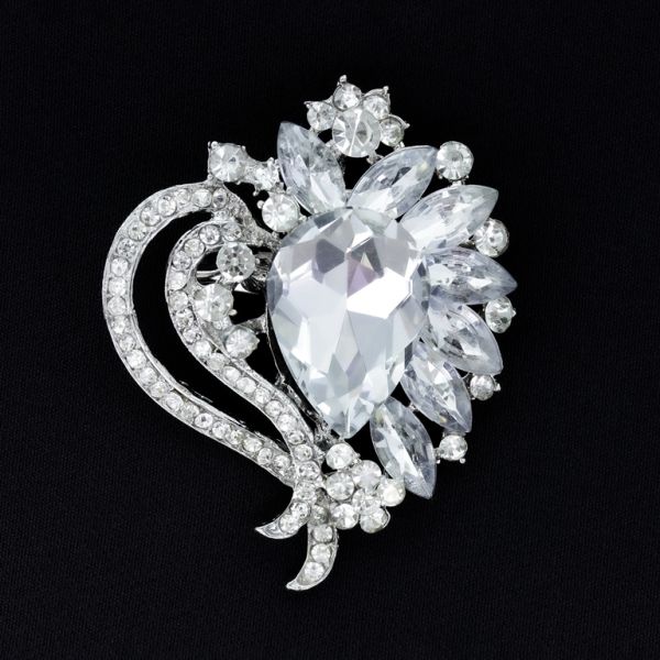 JEWELRY - BROOCH - METAL AND CRYSTALS - В147 - 5.1x6.4cm SILVER - PACKAGE 3pcs.