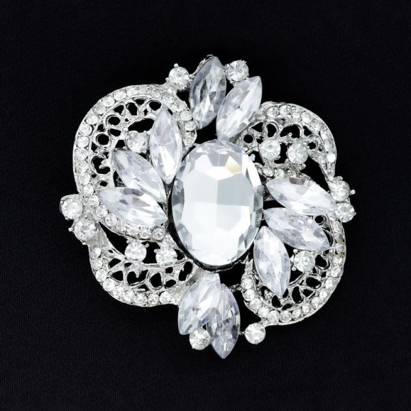 JEWELRY - BROOCH - METAL AND CRYSTALS - В149 - 5.8x6.0cm SILVER - PACKAGE 3pcs.