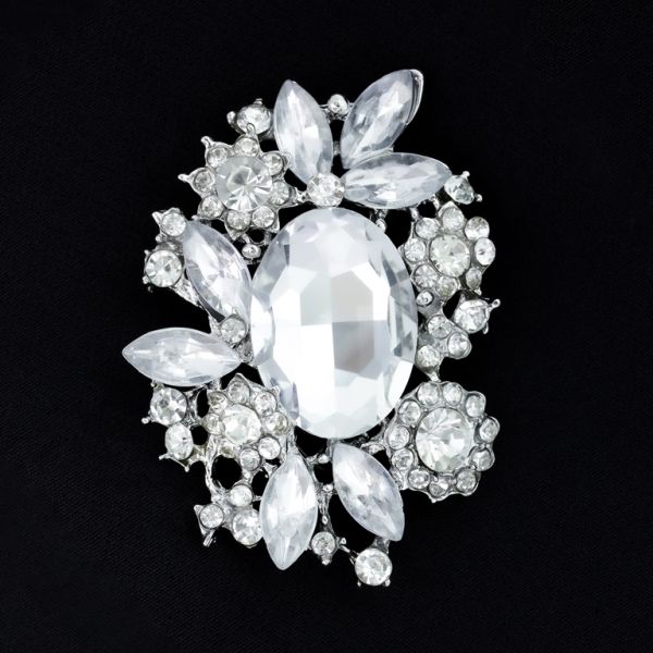 JEWELRY - BROOCH - METAL AND CRYSTALS - В156 - 4.7x6.5cm SILVER - PACKAGE 3pcs.