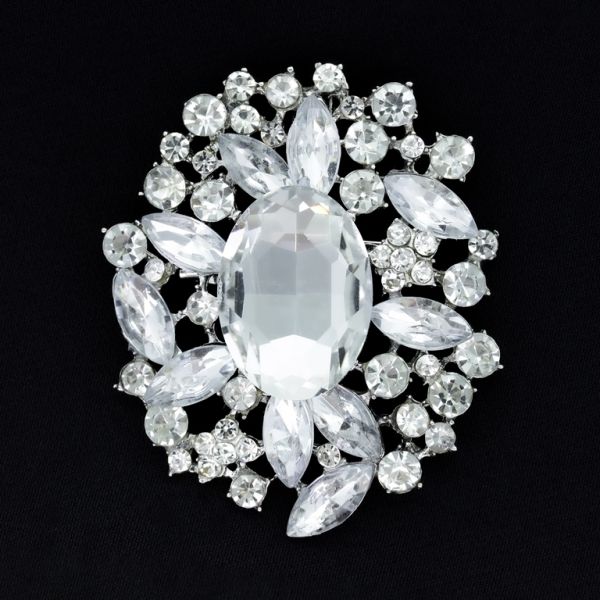 JEWELRY - BROOCH - METAL AND CRYSTALS - В158 - 5.4x6.5cm SILVER - 1pc.