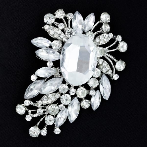 JEWELRY - BROOCH - METAL AND CRYSTALS - В161 - 5.4x7.9cm SILVER - PACKAGE 3pcs.