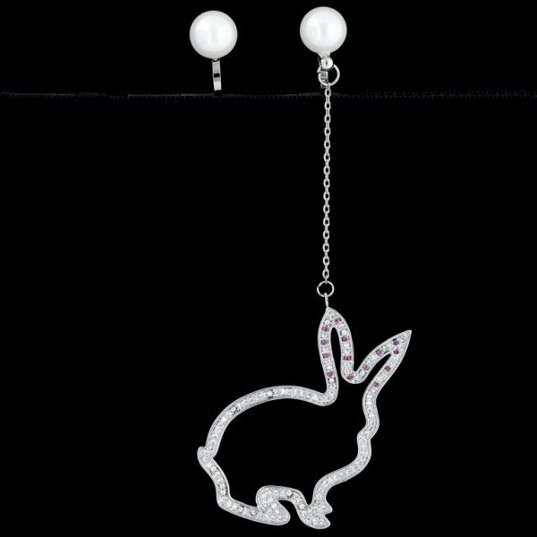 JEWELRY - EARRINGS - CLIP ON - ZIRCON - RABBIT Е441 - SILVER-WHITE - 1 pair