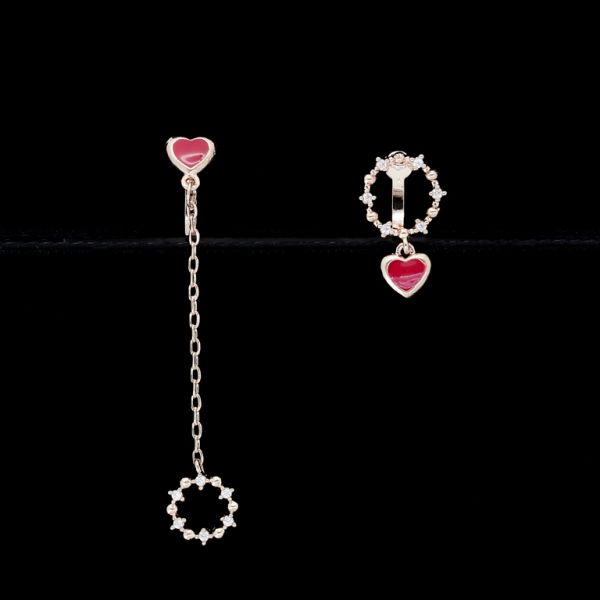 JEWELRY - EARRINGS - CLIP ON - ZIRCON - CIRCLE WITH HEART Е455 - ROSE GOLD-WHITE-RED - 1 pair