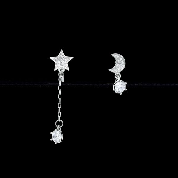 JEWELRY - EARRINGS - CLIP ON - ZIRCON - MOON AND STAR Е431 - SILVER-WHITE - 1 pair