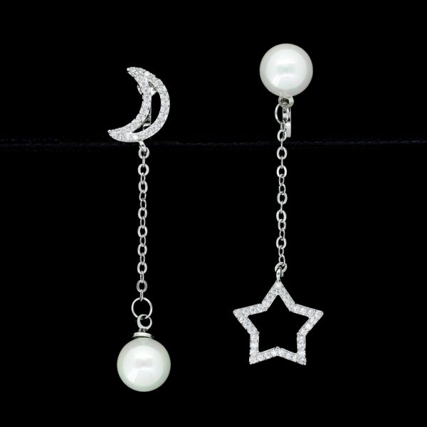 JEWELRY - EARRINGS - CLIP ON - ZIRCON - MOON AND STAR Е440 - SILVER-WHITE - PACKAGE (3 pairs)