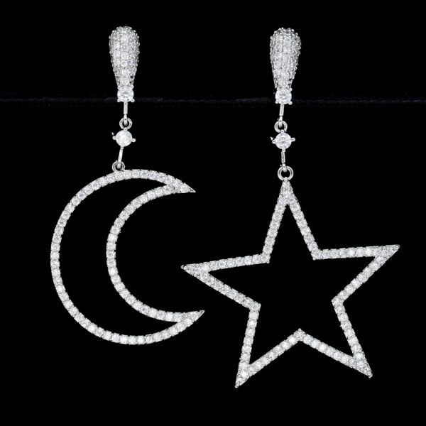 JEWELRY - EARRINGS - CLIP ON - ZIRCON - MOON AND STAR Е442 - SILVER-WHITE - PACKAGE (3 pairs)
