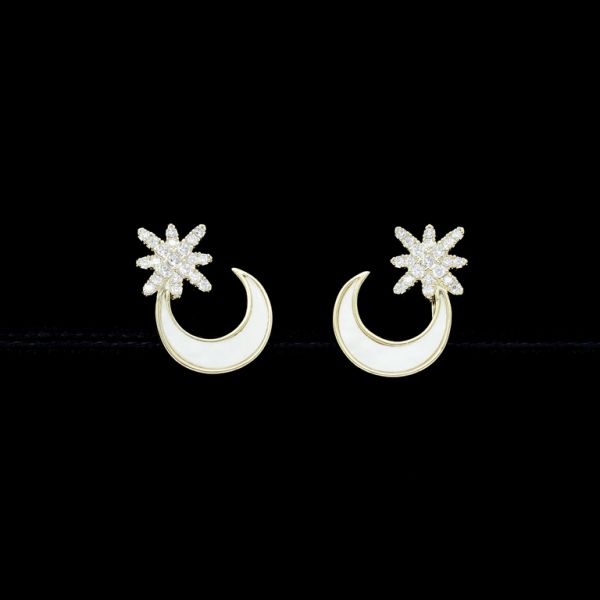 JEWELRY - EARRINGS - CLIP ON - ZIRCON - MOON WITH STAR Е457 - GOLD-WHITE - 1 pair