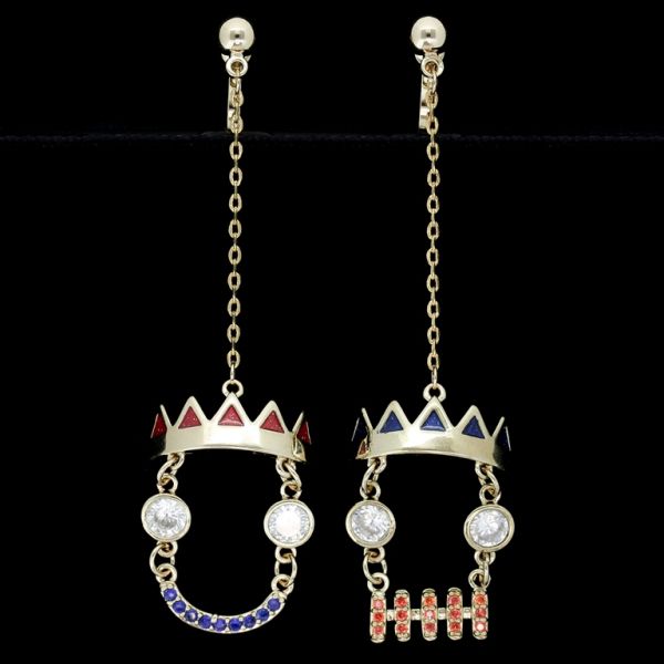 JEWELRY - EARRINGS - CLIP ON - ZIRCON - MASK Е464 - GOLD-WHITE-RED-BLUE - PACKAGE (3 pairs)