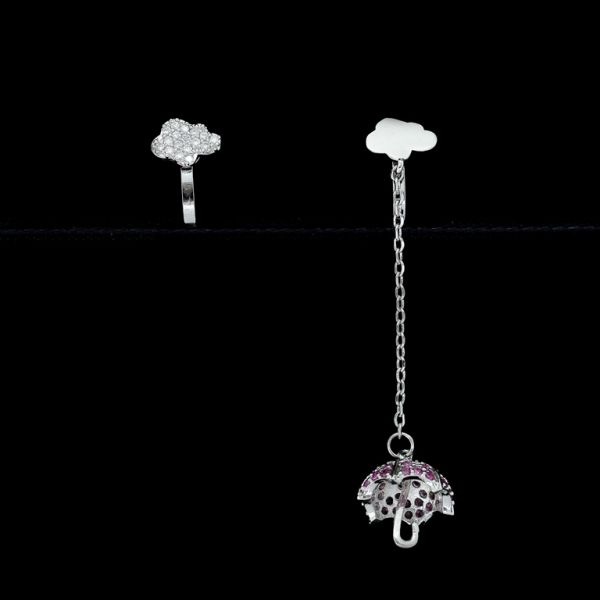 JEWELRY - EARRINGS - CLIP ON - ZIRCON - CLOUD WITH UMBRELLA Е432 - SILVER-WHITE-CYCLAMEN - PACKAGE (3 pairs)